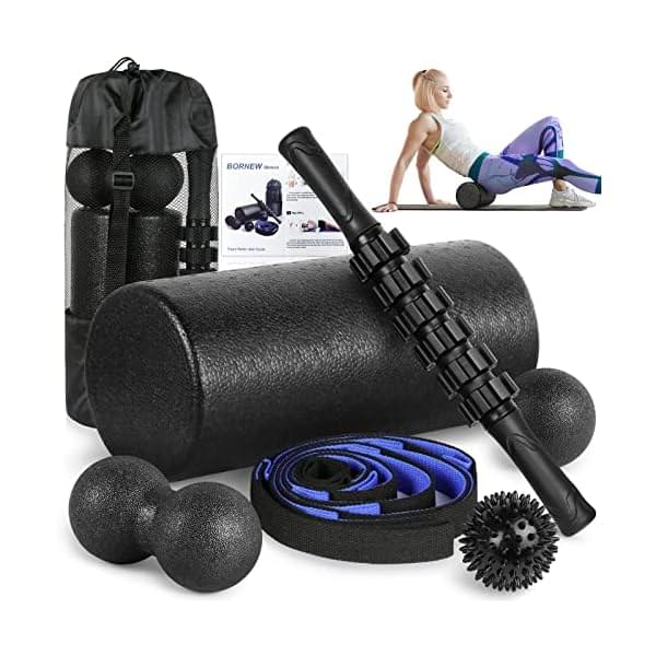 Foam Roller Set – High Density Back Roller, Muscle Roller Stick,2 Foot Fasciitis Ball, Stretching Strap, Massage Ball for Whole Body Physical Therapy & Exercise, Yoga, Back Pain, Leg, Deep Tissue